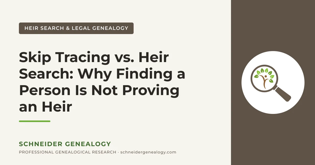 Skip Tracing vs. Heir Search: Why Finding a Person Is Not Proving an Heir - Schneider Genealogy